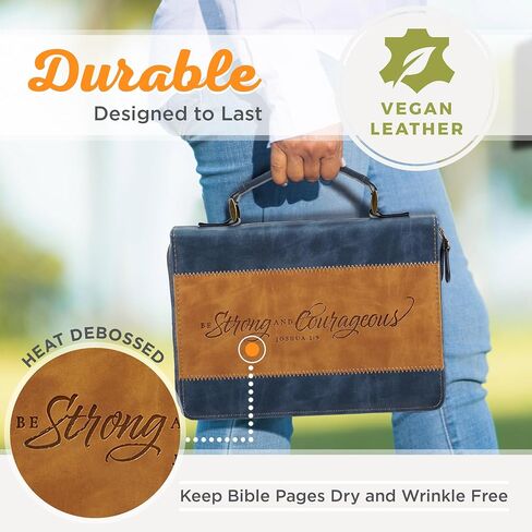 Christian Art Gifts Classic Vegan Leather Bible Cover Carry Case for Men & Women: Strong & Courageous Debossed Inspirational Scripture, Pen Loops, Ribbon Bookmarks, Pockets, Navy Blue & Brown, Medium in Saudi Arabia