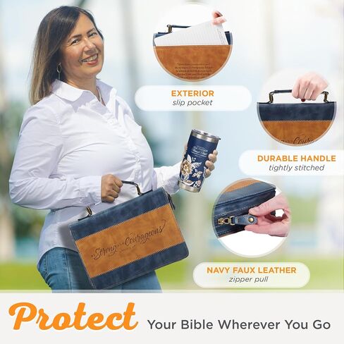 Christian Art Gifts Classic Vegan Leather Bible Cover Carry Case for Men & Women: Strong & Courageous Debossed Inspirational Scripture, Pen Loops, Ribbon Bookmarks, Pockets, Navy Blue & Brown, Medium in Saudi Arabia