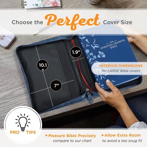 Christian Art Gifts Classic Vegan Leather Bible Cover Carry Case for Men & Women: Strong & Courageous Debossed Inspirational Scripture, Pen Loops, Ribbon Bookmarks, Pockets, Navy Blue & Brown, Medium in Saudi Arabia