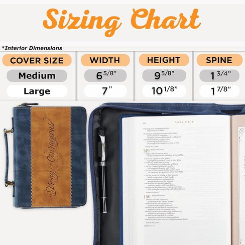 Christian Art Gifts Classic Vegan Leather Bible Cover Carry Case for Men & Women: Strong & Courageous Debossed Inspirational Scripture, Pen Loops, Ribbon Bookmarks, Pockets, Navy Blue & Brown, Medium in Saudi Arabia