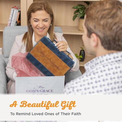 Christian Art Gifts Classic Vegan Leather Bible Cover Carry Case for Men & Women: Strong & Courageous Debossed Inspirational Scripture, Pen Loops, Ribbon Bookmarks, Pockets, Navy Blue & Brown, Medium in Saudi Arabia