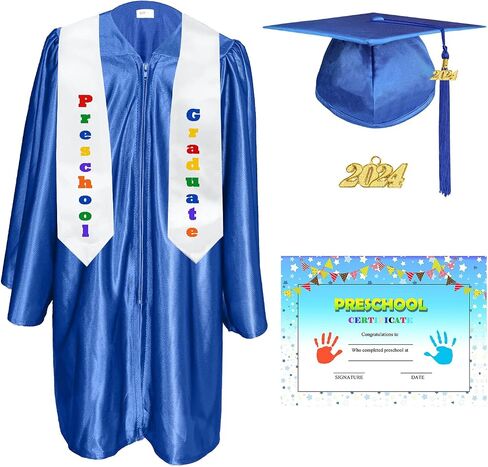 Shiny Kindergarten Graduation Gown Cap Stole Set for Kids with 2024 Tassel，Certificate in Saudi Arabia