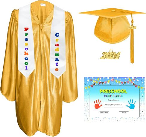 Shiny Kindergarten Graduation Gown Cap Stole Set for Kids with 2024 Tassel，Certificate in Saudi Arabia