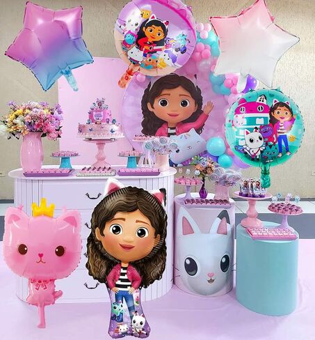 6 قطع من بالونات حفلات القطط من Gabbys Girls لأعياد ميلاد الأطفال، تصميم لطيف للفتيات بالونات بيت الدمية للأميرة، مستلزمات الحفلات ذات الطابع الشخصي، بالونات من رقائق الألومنيوم الوردية الكرتونية in Kuwait