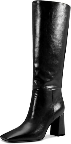NobleOnly Knee High Boots for Women Mid Chunky Block Heel Close Square Toe Boots Side Zipper Office Casual Tall Boots 3.3 Inches in Saudi Arabia