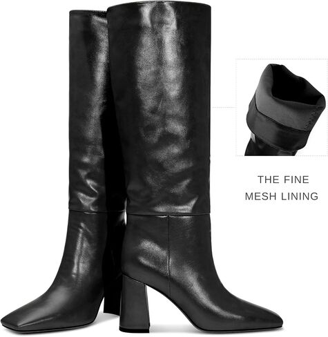NobleOnly Knee High Boots for Women Mid Chunky Block Heel Close Square Toe Boots Side Zipper Office Casual Tall Boots 3.3 Inches in Saudi Arabia