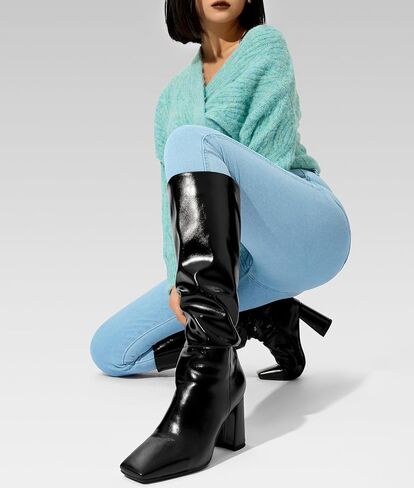 NobleOnly Knee High Boots for Women Mid Chunky Block Heel Close Square Toe Boots Side Zipper Office Casual Tall Boots 3.3 Inches in Saudi Arabia