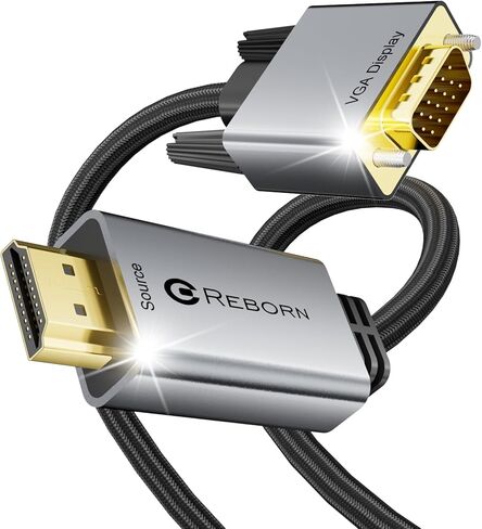 محول كابل HDMI إلى VGA من Reborn بطول 6 أقدام [ألومنيوم، مطلي بالذهب] مصدر HDMI 1080p إلى سلك VGA مضفر للشاشة، الكمبيوتر، سطح المكتب، الكمبيوتر المحمول، الكمبيوتر الشخصي، جهاز العرض، HDTV، Roku، Xbox - ذكر إلى ذكر in Kuwait