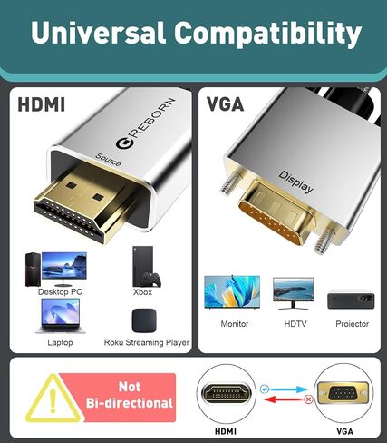محول كابل HDMI إلى VGA من Reborn بطول 6 أقدام [ألومنيوم، مطلي بالذهب] مصدر HDMI 1080p إلى سلك VGA مضفر للشاشة، الكمبيوتر، سطح المكتب، الكمبيوتر المحمول، الكمبيوتر الشخصي، جهاز العرض، HDTV، Roku، Xbox - ذكر إلى ذكر in Kuwait