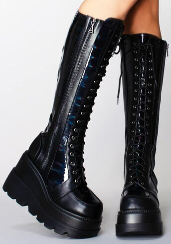LASR Nightshade Hi Platform Boots - Black Holographic - Rave Festival EDM Iridescent Techno Dance Wear Party in Saudi Arabia