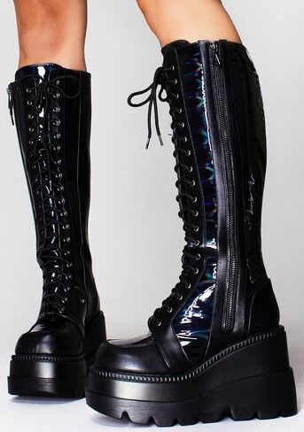 LASR Nightshade Hi Platform Boots - Black Holographic - Rave Festival EDM Iridescent Techno Dance Wear Party in Saudi Arabia