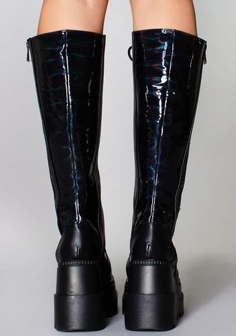 LASR Nightshade Hi Platform Boots - Black Holographic - Rave Festival EDM Iridescent Techno Dance Wear Party in Saudi Arabia