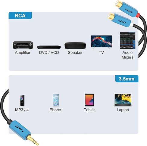 J&D 3.5 mm to 2 RCA Cable, 3.5 mm Male to 2RCA Female Stereo Audio Adapter Extension Cable RCA Female to 3.5mm Male with Heavy Duty Gold Plated Copper Shell, 1 Feet in Saudi Arabia