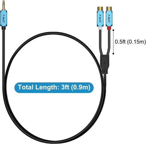 J&D 3.5 mm to 2 RCA Cable, 3.5 mm Male to 2RCA Female Stereo Audio Adapter Extension Cable RCA Female to 3.5mm Male with Heavy Duty Gold Plated Copper Shell, 1 Feet in Saudi Arabia