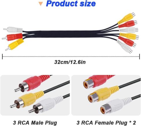 كابل مقسم RCA، 3 مقبس ذكر RCA إلى 6 سلك تمديد توصيل أنثى RCA، كابل مقسم محول الصوت والفيديو لأجهزة الكمبيوتر المحمول والكمبيوتر وجهاز العرض (عبوة من قطعتين، 32 سم/12.6 بوصة) in Saudi Arabia