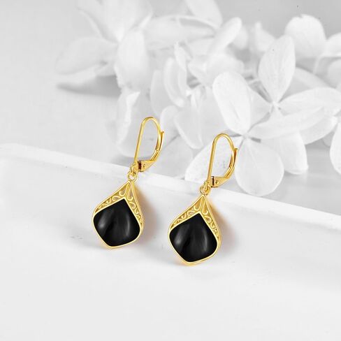 Gold Teardrop Earrings 14k Gold and Black Onyx Teardrop Drop Earrings Fine Gold Nordic Filigree Jewelry Christmas Gifts for Women Girls in Saudi Arabia