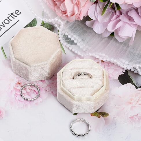 Lystaii Velvet Ring Box 3 Slots Vintage Ring Holder Jewelry Ring Display Holder Case Premium Gorgeous Octagon Ring Gift Box for Wedding Proposal Engagement Ceremony (Beige) in Saudi Arabia