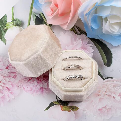 Lystaii Velvet Ring Box 3 Slots Vintage Ring Holder Jewelry Ring Display Holder Case Premium Gorgeous Octagon Ring Gift Box for Wedding Proposal Engagement Ceremony (Beige) in Saudi Arabia