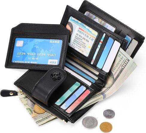 Small Wallets for Women Leather Bifold Wallet Women RFID Blocking Purse Credit Card Holder with 15 Card Slots and ID Window Coin Pocket,Black in Saudi Arabia
