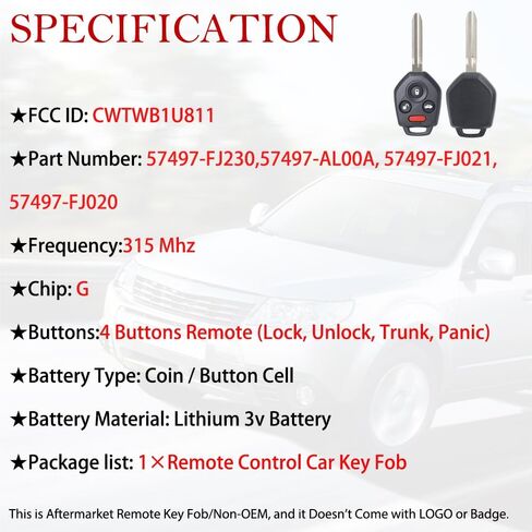 مفتاح فوب عن بعد بديل يناسب سوبارو امبريزا 2012-2017/WRX 2015-2019/فورستر 2014-2018/XV Crosstrek 2013-2016/Outback&Legacy 2015-2017 CWTWB1U811 جهاز تحكم عن بعد للدخول بدون مفتاح 57497-FJ230 in Kuwait