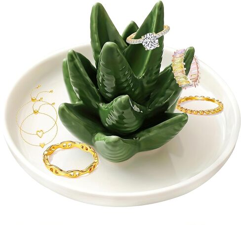 Women Cactus-Aloe Ring-Holder Ceramic-Dish Jewelry-Tray - Cute Trinket Plate for Rings,Earrings,Bracelets,Necklaces,Crystals,Stones Storage in Saudi Arabia