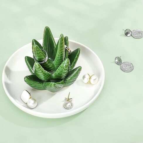 Women Cactus-Aloe Ring-Holder Ceramic-Dish Jewelry-Tray - Cute Trinket Plate for Rings,Earrings,Bracelets,Necklaces,Crystals,Stones Storage in Saudi Arabia