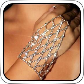 EARENT Rhinestone Ring Bracelet Silver Saprkly Wedding Hand Chain Bling Bangle Finger Ring Link Bracelets Hand Harness Hand Jewelry for Women and Girls