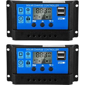 Solar Battery Controller 12v/24v Solar Panel Charge Controller Ground Solar Panel Controller Regulator with Adjustable LCD Display and Dual USB Port Timer Setting PWM Auto Parameter(2 Pieces,30A)