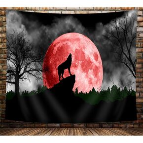 NYMB Wolf Tapestry, Cool Wolf Poster Black and White Gothic Forest with Red Moon Art Tapestry Wall Hanging for Bedroom Living Room College Dorm, Wolves on Mountain Trippy Tapestry for Men 60X40Inches