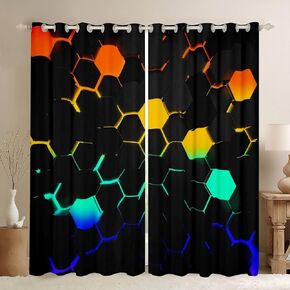 Honeycomb Window Curtain,Kids Geometry Hexagon Curtainss Green Yellow Neon Lights Window Treatment Curtain,Boys Teen Man Chic Creative Home Decor Window Drapes,Top 2 Panel,42Wx63L,Black