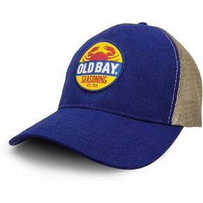 Tee Luv Old Bay Seasoning Hat - Old Bay Crab Logo Mesh Back Baseball Cap (Blue/Tan)