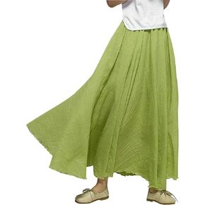 Women's Elastic Waist A Line Long Maxi Cotton Linen Skirt Bohemian Soft Lined Swing Skirt