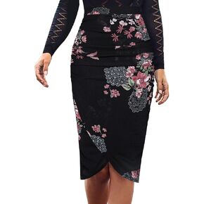 VFSHOW Womens Black Pink Floral Printed Ruched Shirred High Waist Tulip Wrap Cocktail Party Bodycon Pencil Skirt 10040 BLK L