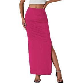 Vrtige Women's Casual Ruched Split Hem Elastic High Waist Bodycon Pencil Maxi Skirt