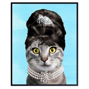 Audrey Hepburn Wall Art - Cat Lover Gifts for Women, Girls - Cat Wall Art - Cute Cat Wall Decor - Cat Poster 8x10 - Classic Movies - Kitty Cat Decorations - Cat Home Decor - Blue - Unframed