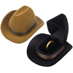 ZORZA 2Pcs Unique Cowboy Hat Jewelry Box Fashionable Velvet Ring Box Creative Jewelry Display Storage Case Vintage Ring Box for Wedding Ceremony Engagement Ring Box (Brown)
