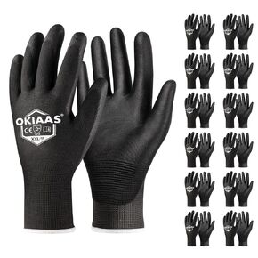 OKIAAS Work Gloves for Men，Ultra Thin and Lightweight Working Gloves with Grip, 12 Pairs Bulk Pack Construction Gloves with Polyurethane Coating, Safety Gloves for Light Duty Work (Black, Large)