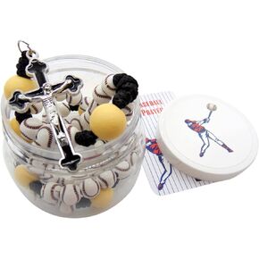 Westmon Works Baseball Rosary Deluxe Edition Set with Metal Crucifix Tangle Resistant Rope Connection Ball Beads and Holy Card in a Protective Jar