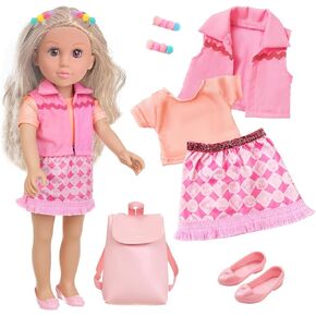 18 Inch Girl Doll Playset with Doll Clothes and Accessories Including 18 Inch Doll Jacket T-Shirt Skirt Shoes backbag Hairband for Little Girl