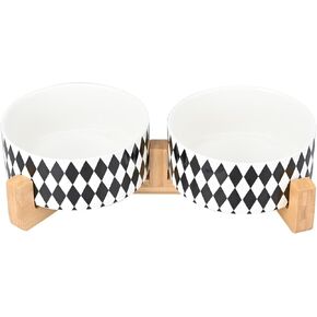 SPUNKYJUNKY Ceramic Dog and Cat Bowl Set with Wooden Stand, Modern Cute Weighted Food Water Bowl Set for Medium Size Dogs (3.6 Cups, 2 × Doodle-Latte)
