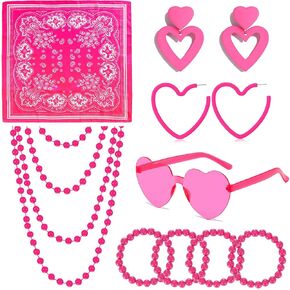 مجموعة مجوهرات إكسسوارات على شكل قلب وردي للنساء أقراط متدلية على شكل قلب ونظارات شمسية مربعة من الحرير وشاح للرأس من البلاستيك وقلادة وسوار مطرز in Kuwait