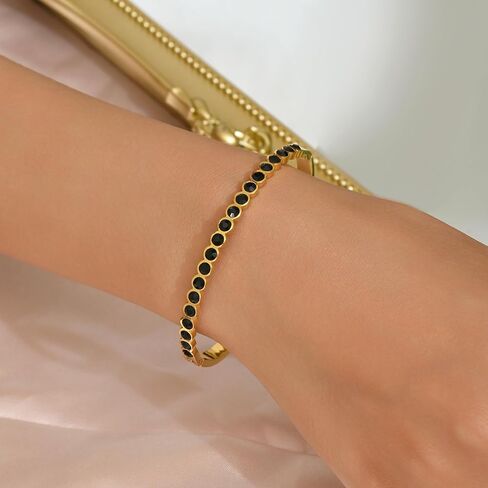 Gold Bangle Bracelets for Women, 18K Gold Plated Stainless Steel Cubic Zirconia Bangle Classic Green Black Tennis Bracelet Jewelry Gifts in Saudi Arabia