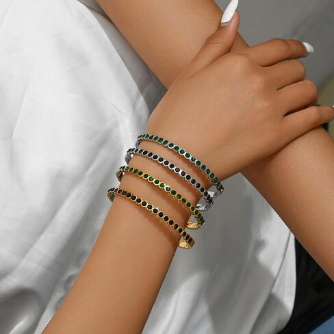 Gold Bangle Bracelets for Women, 18K Gold Plated Stainless Steel Cubic Zirconia Bangle Classic Green Black Tennis Bracelet Jewelry Gifts in Saudi Arabia