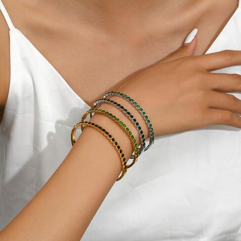 Gold Bangle Bracelets for Women, 18K Gold Plated Stainless Steel Cubic Zirconia Bangle Classic Green Black Tennis Bracelet Jewelry Gifts in Saudi Arabia