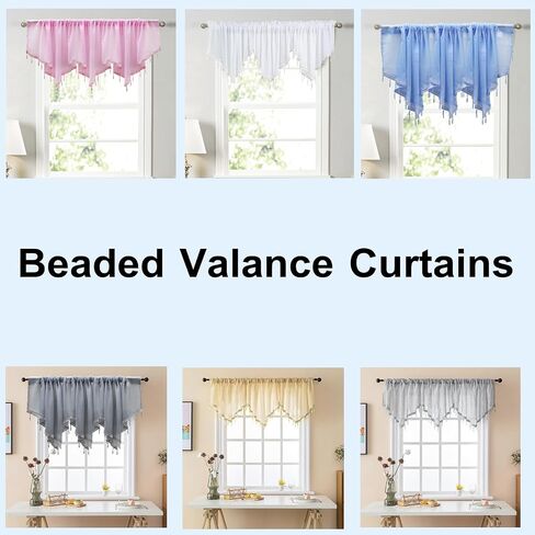 Black Beaded Sheer Valance with Rod Pocket Scalloped Window Curtains Small Lace Panels for Farmhouse Kitchen Living Room, 23.6X 51 in Saudi Arabia
