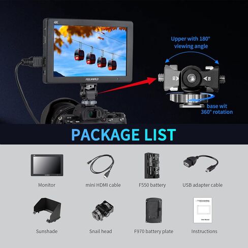 FEELWORLD T7 Plus 7 Inch Camera Field Monitor+F550 2200mAh Battery 4K HDMI DSLR Field Monitors Screen with HD Video Assist 3D LUT On Camera Monitor in Saudi Arabia