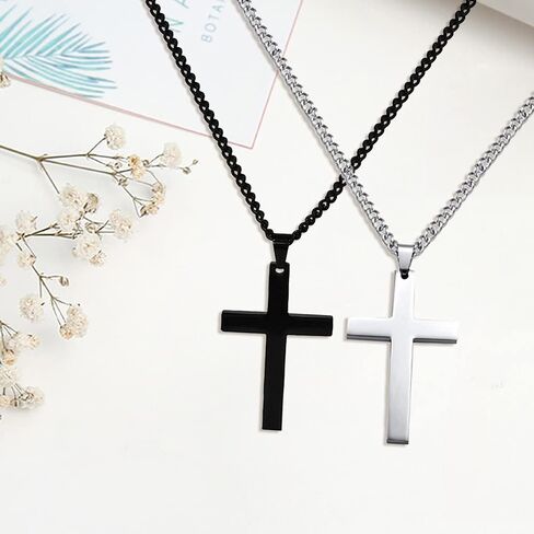 قطعتان من القلادة المتقاطعة مجموعة مطابقة له ولها قلادة زوجين عادي مصقول عبر سلسلة ربط قلادة مجوهرات هدية لمحبي الذكرى السنوية وعد قلادة للرجال والنساء، أسود فضي in Kuwait