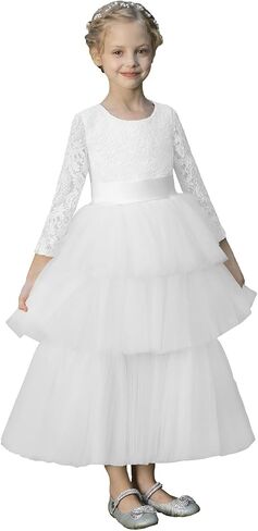 MCieloLuna Lace Applique Long Sleeves Flower Girl Dress for Wedding Birdesmaid Puffy Tulle Birthday First Communion Dress in Saudi Arabia