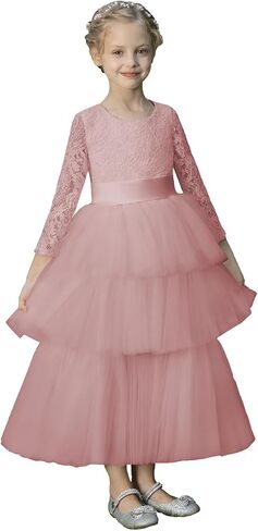 MCieloLuna Lace Applique Long Sleeves Flower Girl Dress for Wedding Birdesmaid Puffy Tulle Birthday First Communion Dress in Saudi Arabia