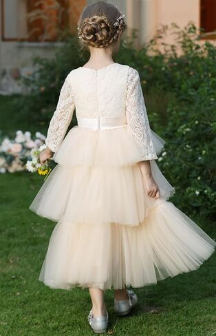 MCieloLuna Lace Applique Long Sleeves Flower Girl Dress for Wedding Birdesmaid Puffy Tulle Birthday First Communion Dress in Saudi Arabia